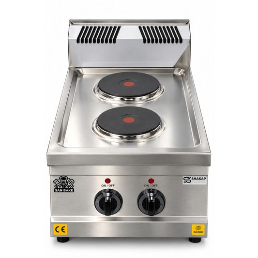 commercial countertop electric plate cooker with two cooking plates and stainless steel body