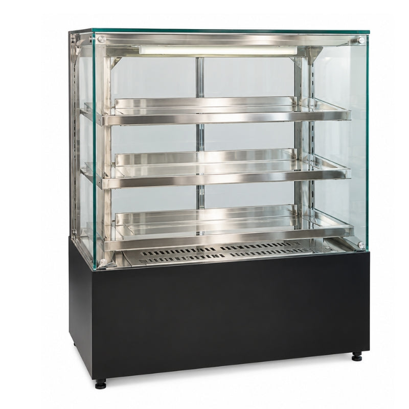 custom-made heated food display warmer with 3 shelves, AISI 304 stainless steel and three-sided glass display, made in UAE