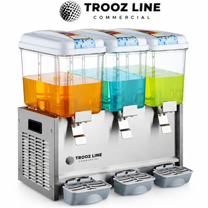 TZ-213 refrigerated 3-bowl juice dispenser with 54-liter total capacity and WanBao compressor