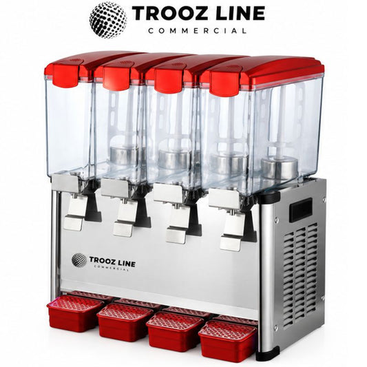 TZ-JD4 refrigerated four-bowl juice dispenser with 36-liter total capacity and WanBao compressor
